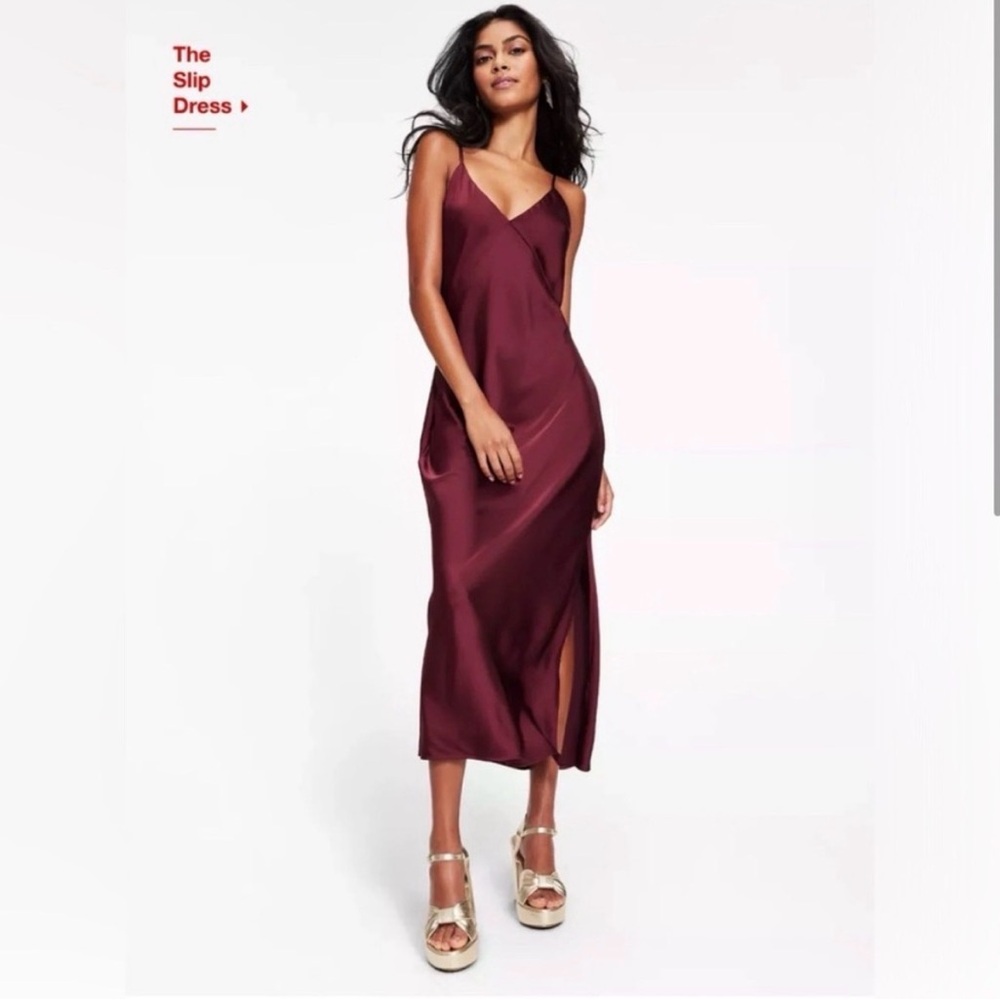 a new day Burgundy Satin Midi Slip Dress